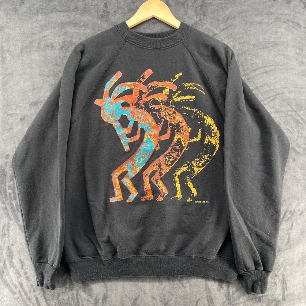 Vintage 1992 Hanes Kokopelli Sweatshirt Mens XL Black Raglan 90s Made in USA